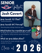 West Central High School Senior Spotlight for Josh Covert, Class of 2026. The graphic shows Josh playing a black acoustic guitar against a teal corrugated wall, with an inset baby photo of him holding a colorful toy guitar. Text highlights his interest in